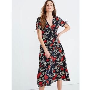 Madewell Hillside Daisies black and red midi wrap dress SZ 4 romantic summer